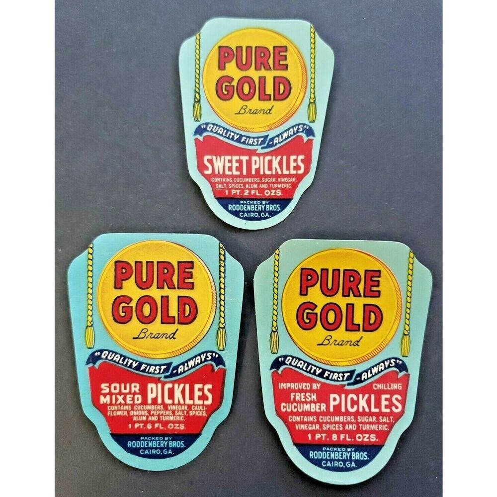 Vintage 1930's Pure Gold Sweet Pickle,Cucumber,Sour Mix‎ Pickle Labels Lot of 3